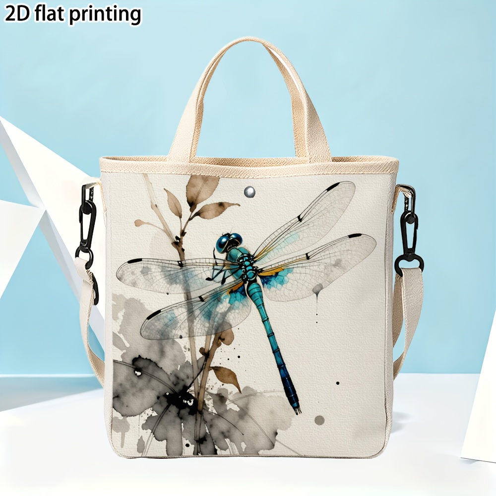 TEMU 1pc Handbag, Dragonfly Ink Painting Pattern Reusable Bag, Perfect For Shopping. Fashionable And , Ideal For Festivals And Travel