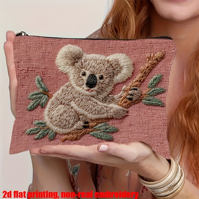 TEMU Two-dimensional Flat Print, Embroidery-like, Portable Zipper Cosmetic Pouch Featuring A Fun Kangaroo Design With Flat Embroidery, A
