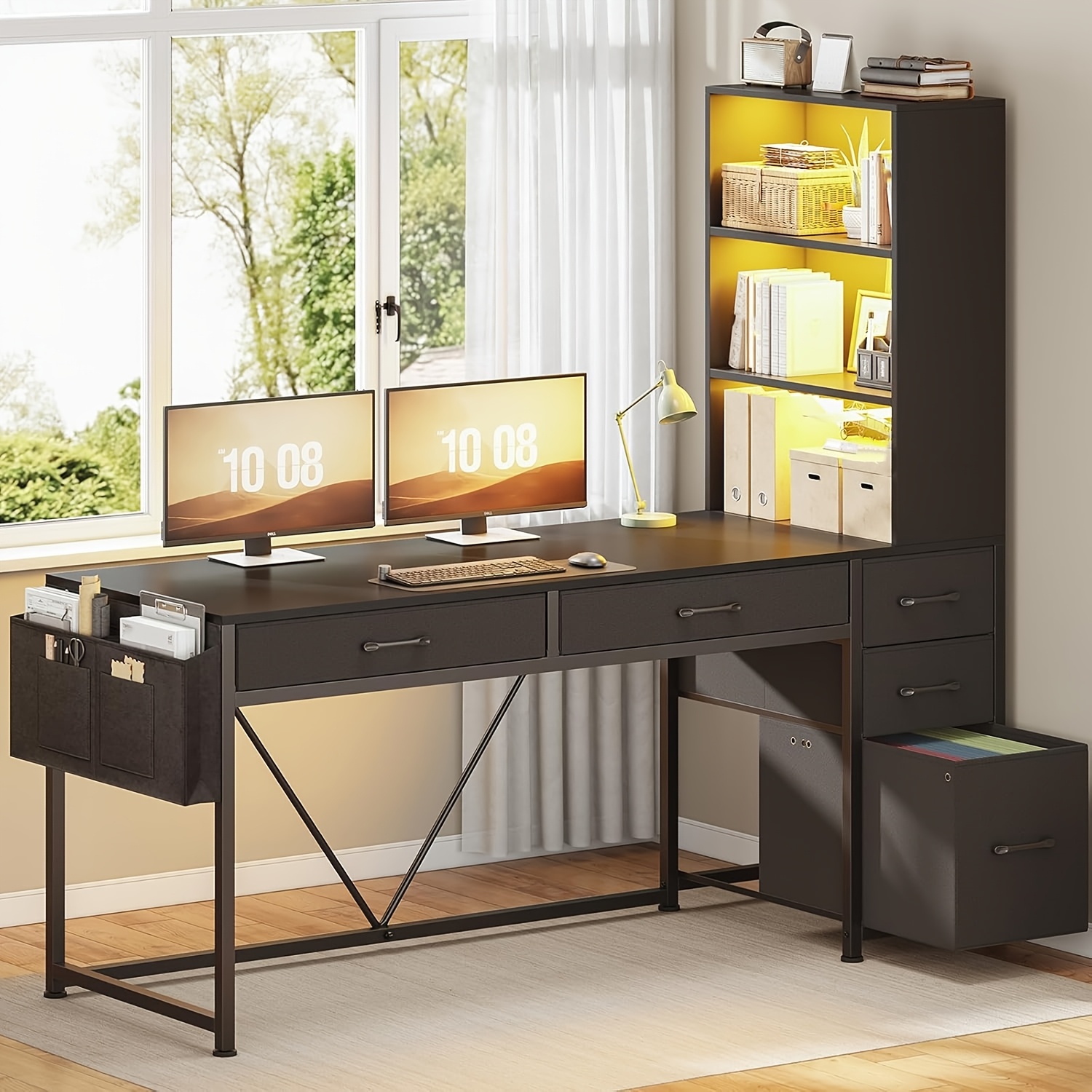TEMU Computer Desk With Led Lights, Office Desk With 5 Drawers And Bookshelf