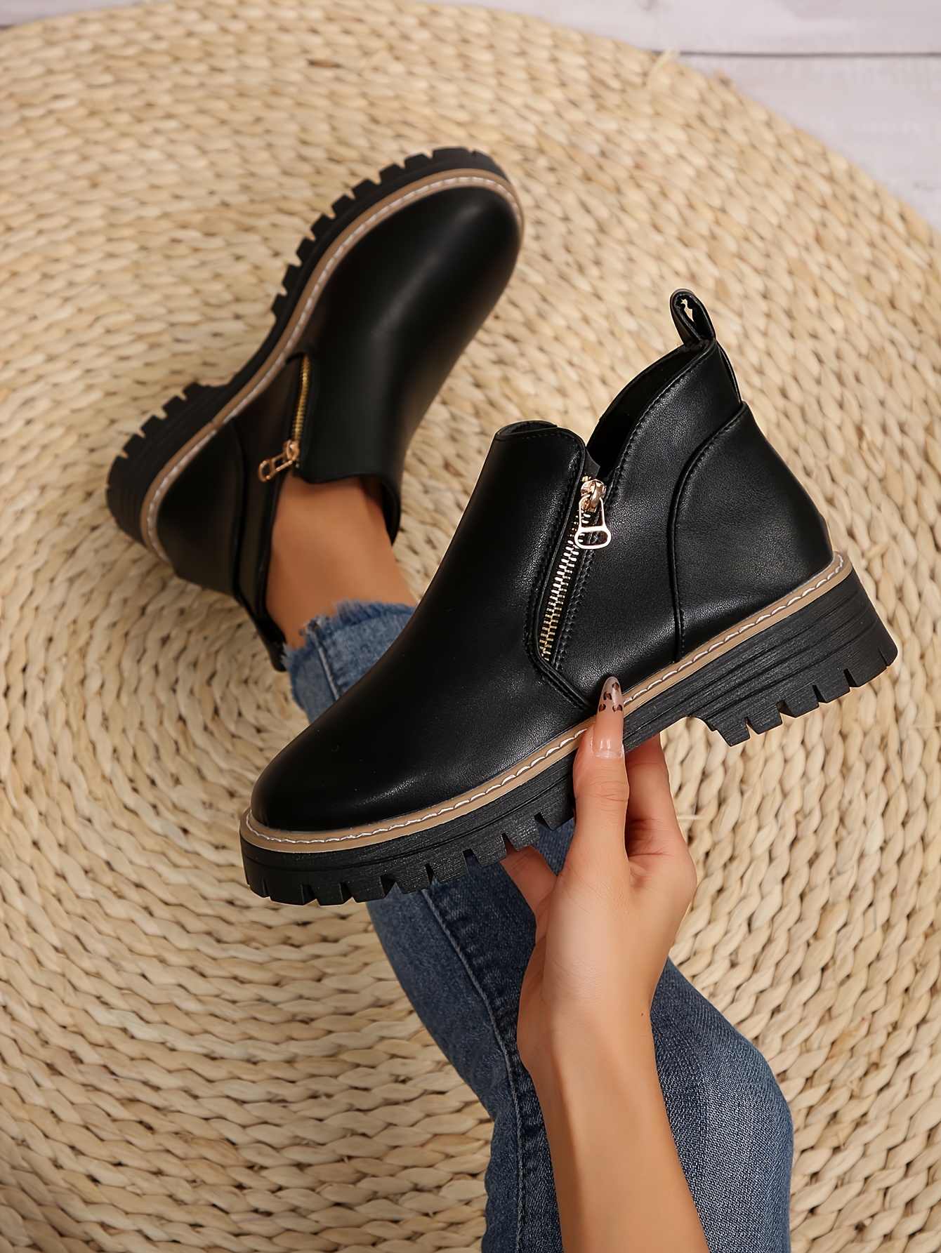 women s autumn and winter new thick-soled   breathable low-heeled round-toe side zipper closed short boots, and advanced women s shoes. Product details 0