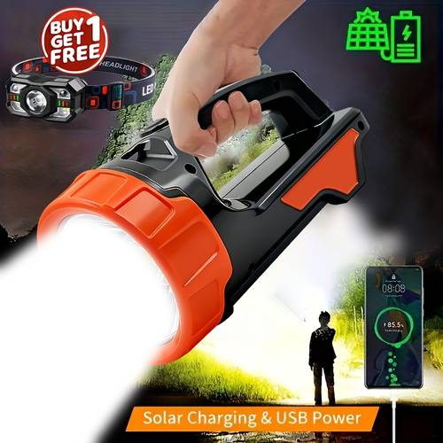 free a total of 2 items multifunctional solar led flashlight with cob side light usb rechargeable handheld searchlight with power display adjustable shoulder strap portable emergency lantern for camping hiking