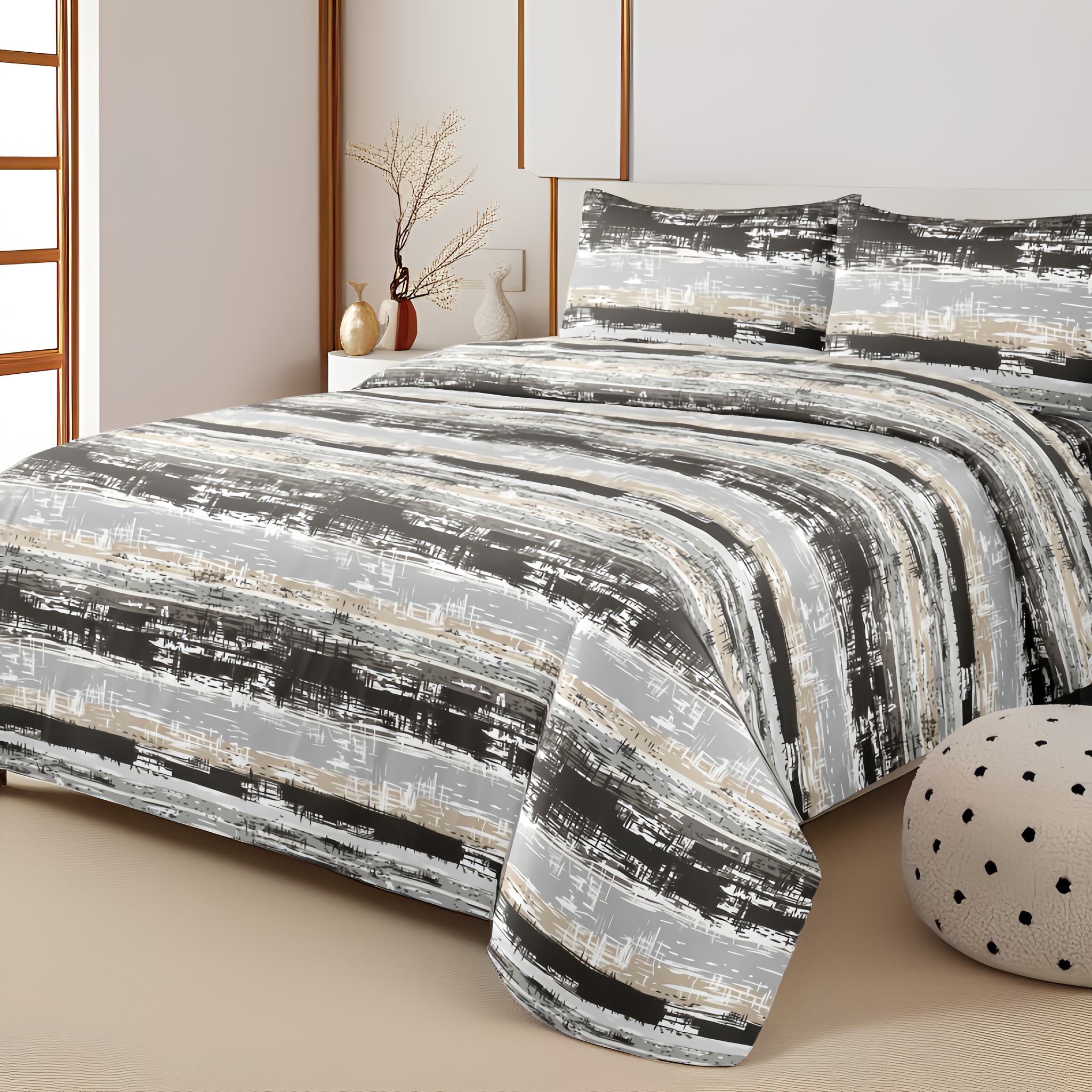 3pcs Polyester Printed Brushed Duvet Cover Pillowcase Three-Piece Set, Geometric Style Skin-Friendly Breathable All-Season Duvet Cover Pillowcase Set (One Duvet Cover + a Pair of Pillowcases), [Random Pillowcase Pattern]