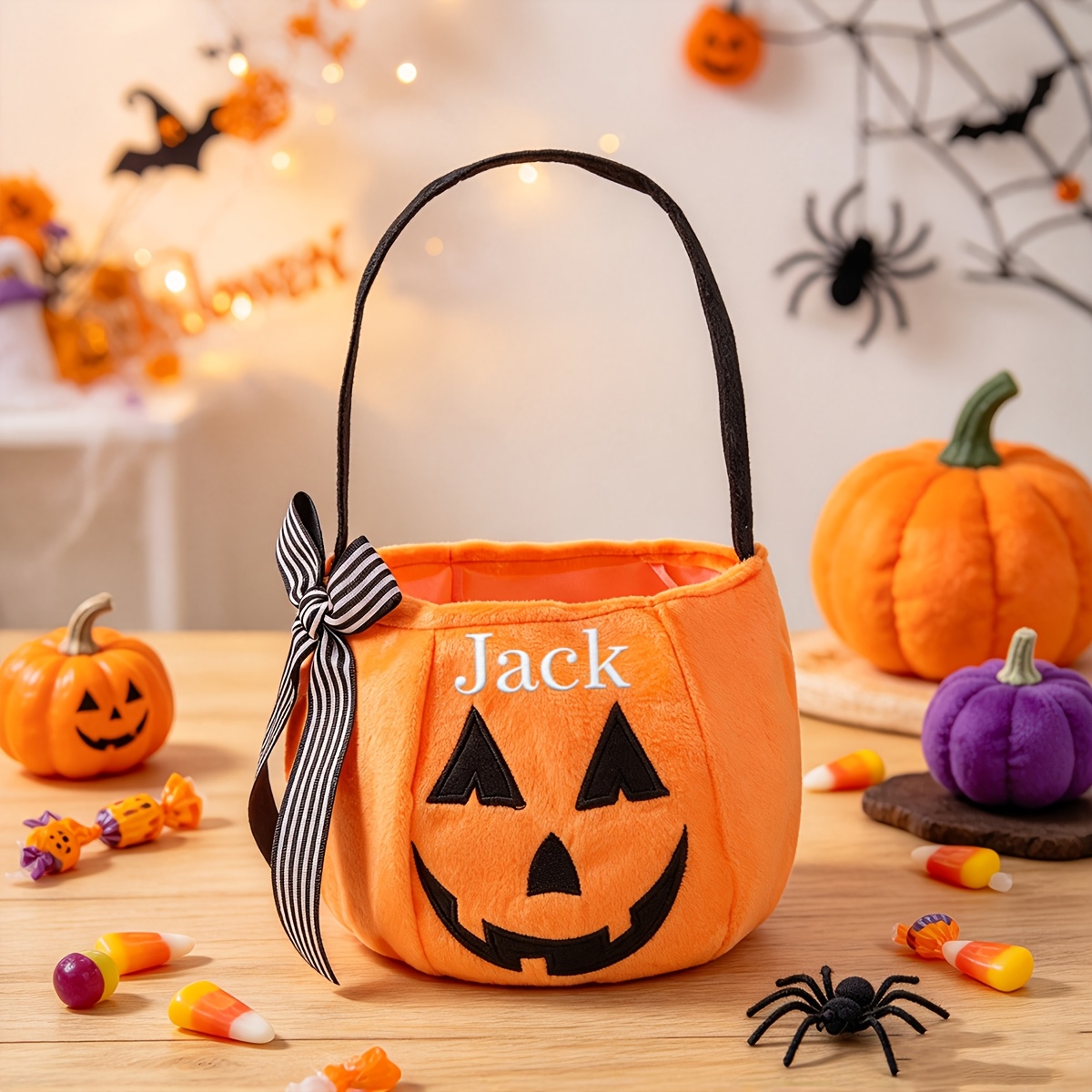 TEMU Personalized Halloween Party Handbag, Custom Name Halloween Purse, Striped Bow Decoration Handbag, Plush Fabric 3d Pumpkin Shaped Storage Bag,