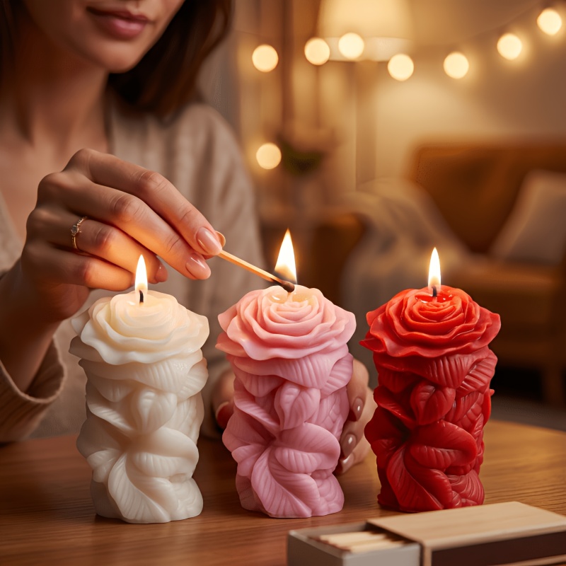 Rose Pillar Scented Candle, 3D Carved Candle, Made of Soy Wax. Suitable for Wedding Table Centerpieces, Valentine's Day, Home Decor, Dinner Parties, and Photo Props