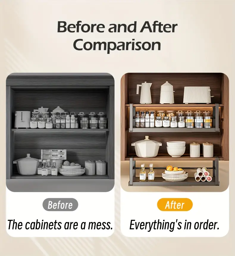 1pc metal under cabinet organizer classic no assembly space saving design expandable kitchen closet storage rack for spice jars utensils hanging shelves kitchen cabinet organizers and storage utensil holder sleek durable construction shelves Product details 1