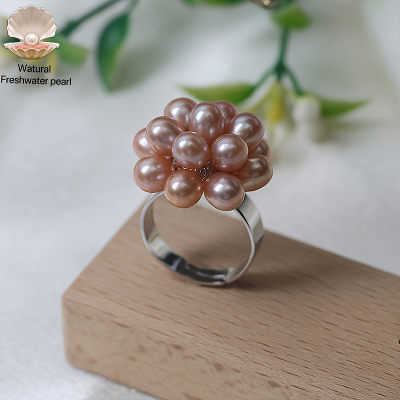 [קסם רומנטי] טבעת פרח פניני מים מתוקים אלגנטית עיצוב עיצוב בעבודת יד - יחודית בהשראת אהבה וינטג'ית לפן עם ואלגנטיות יומיומית