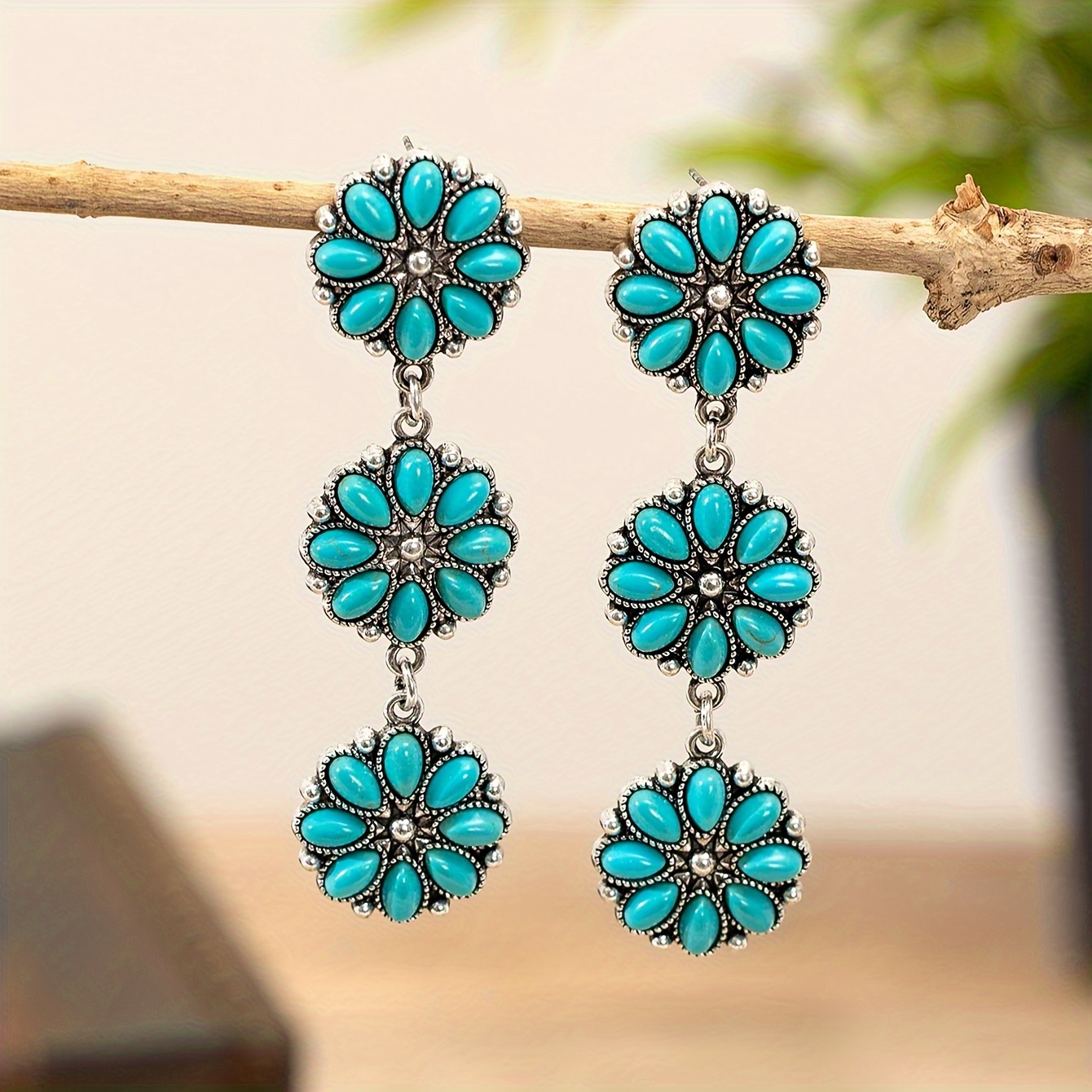 

Bohemian Style Vintage Turquoise Earrings With Silver Charm, Suitable For Everyday Wear And Gift Giving