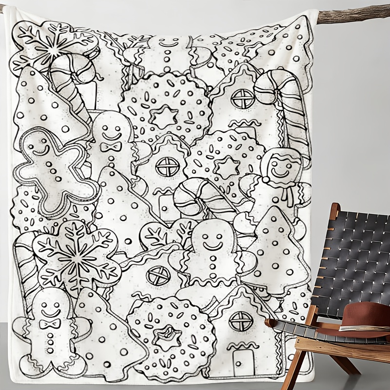 TEMU 1pc Diy Color-by-number Flannel Blanket. Christmas Gingerbread For Man And Snowflake Print. Soft And Warm Fabric, Suitable For Sofas, Living