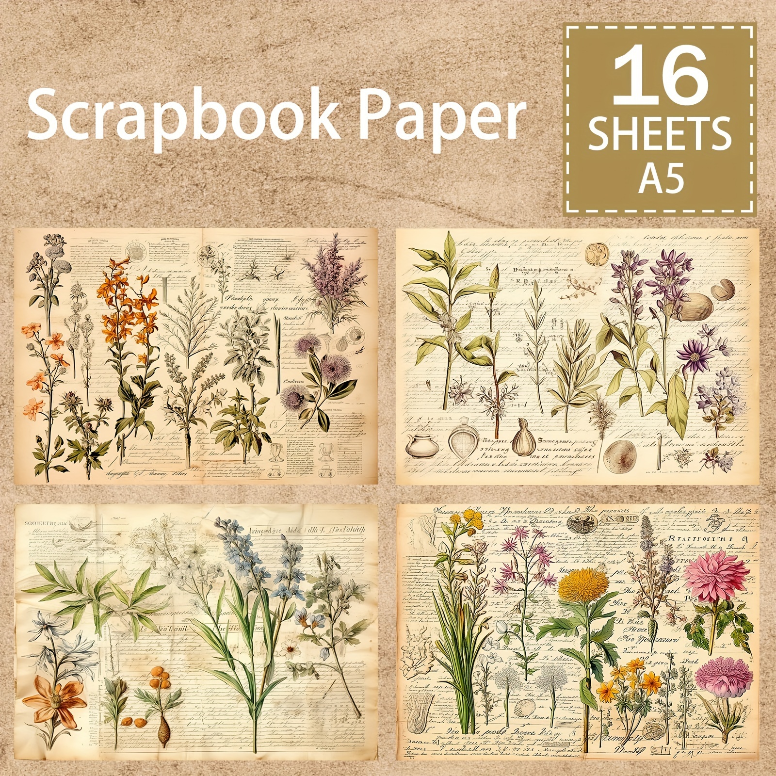 

Vintage Floral Scrapbook Paper Pack - 16 Sheets A5 Botanical Antique Style Craft Paper For Diy Junk Journaling, Greeting Cards, And Planner Embellishments, High-quality Bristol Paper Material