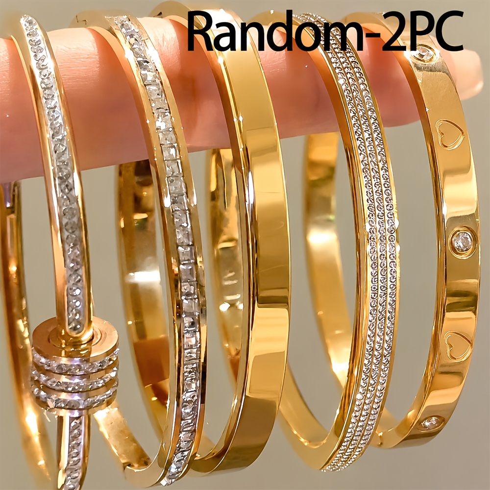 TEMU Random 2pcs Set 18k Gold-plated Stainless Steel Women's Bracelet Set, Pave-set Synthetic Heart-shaped Pattern Bracelet, Waterproof And