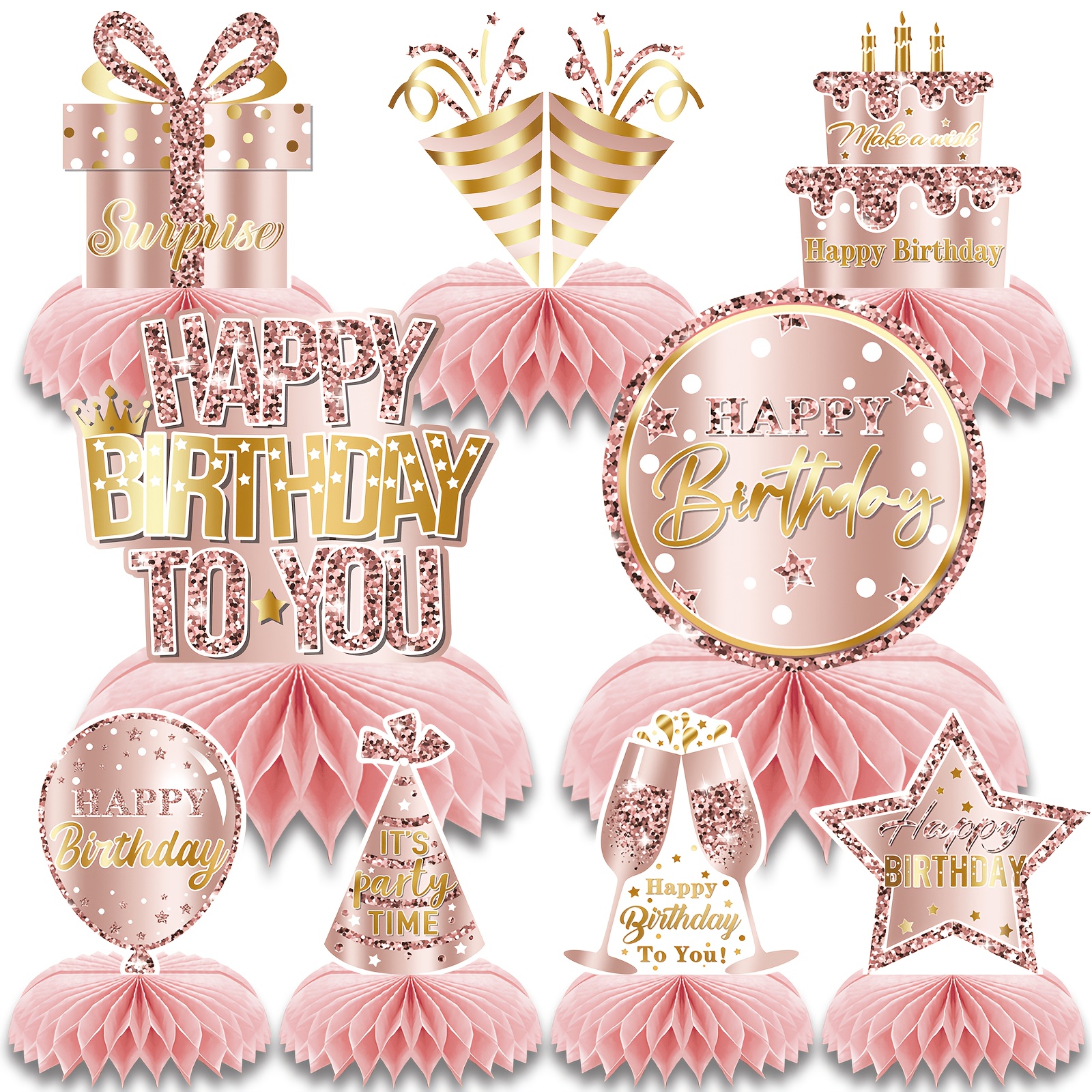 TEMU Ensemble de 9 décorations d'anniversaire rose et doré en , centre de table d'anniversaire, parfait pour les fêtes d'anniversaire et les articles