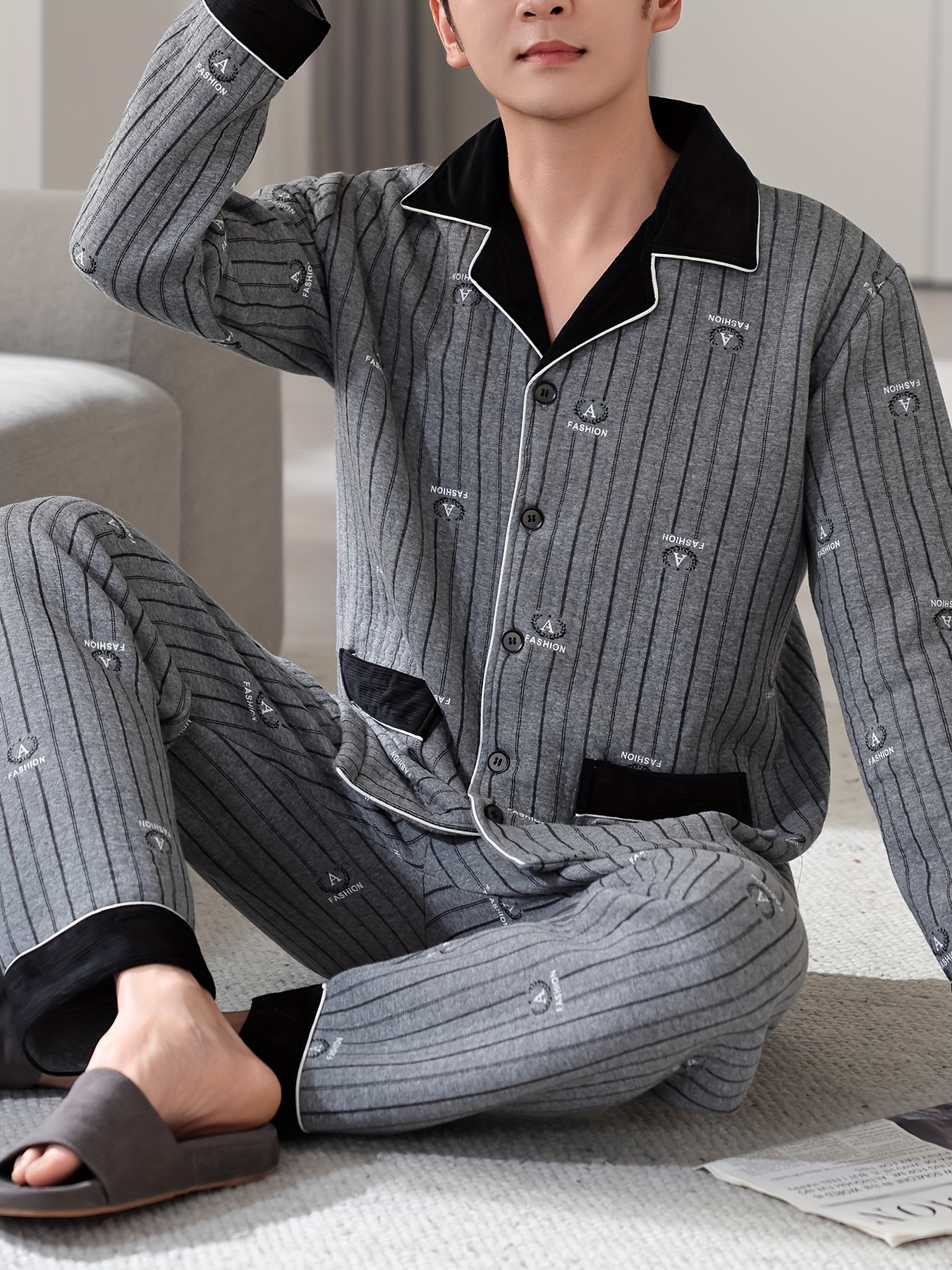 Men'S Casual Cotton Pajama Set with Lapel Collar, Geometric-Pattern, Long Sleeve, Loose Fit, Slight Stretch, Knit Fabric, Winter Warm Thickened, Triple-Layer Cotton Lined Sleepwear with Pockets