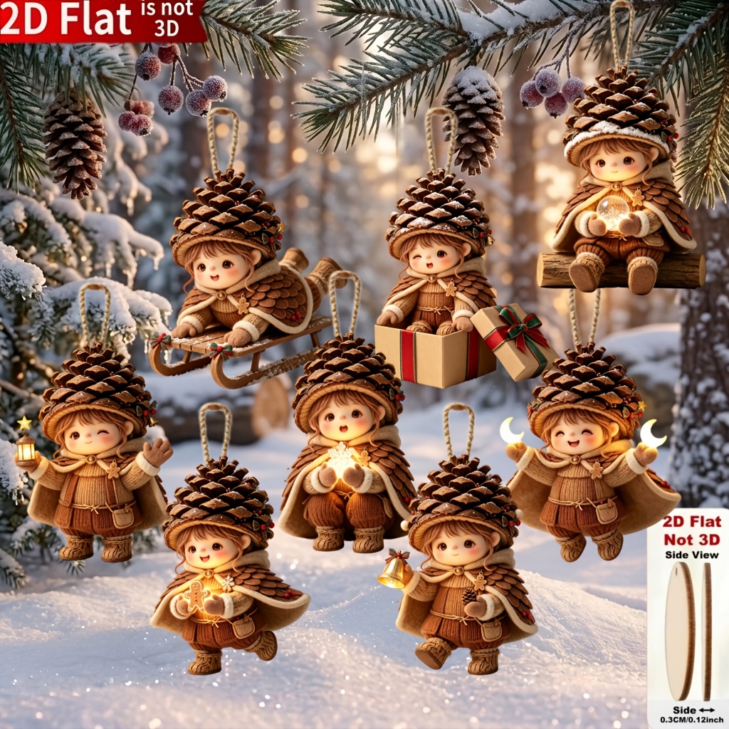 TEMU [2d Flat] 8pcs Cute Elf Hanging Ornaments In , Christmas Decor Set, Personalized 2d Flat Wooden Pendants, Christmas Tree Decorations, New Year