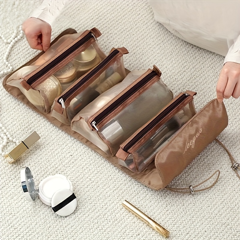 TEMU 4-in-1 Woven Travel Cosmetic Organizer Bag With Adjustable Shoulder Strap, Open Grid Compartments For Brushes & Lipsticks, Lightweight Portable