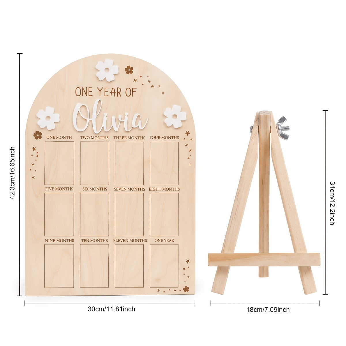 TEMU 2pcs/set Personalized 1 Year Of First Year Milestones Wooden Display Board With Wooden Stand Centerpieces, Custom Name With 12 Photo Slots Frame