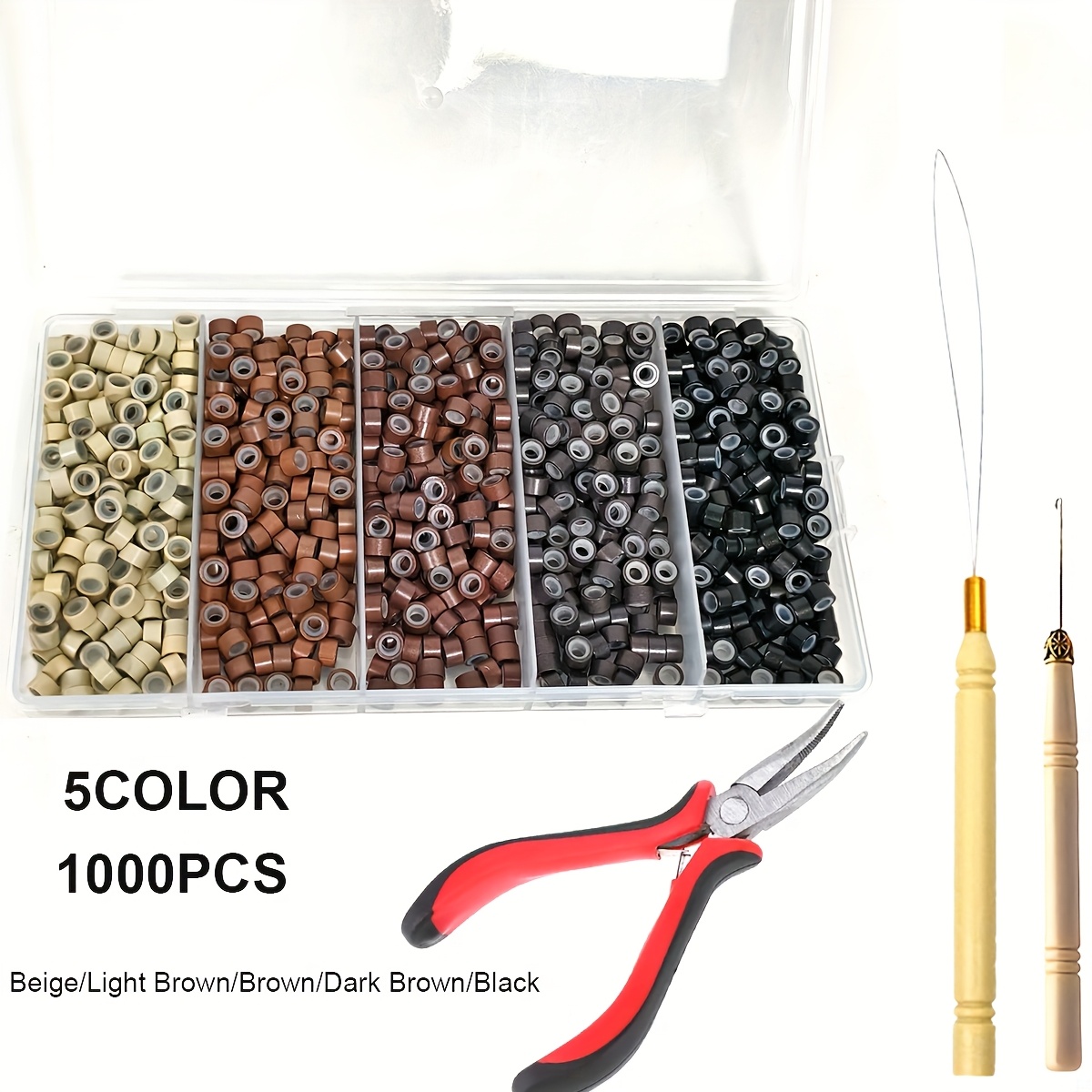 E-shop Set mit 1000 Haarverlängerungswerkzeugen in 5 Farben, inklusive Zange, Haarzieh-Haken und Perlen-Device für Micro Ring Loop Haar, Federhaar und
