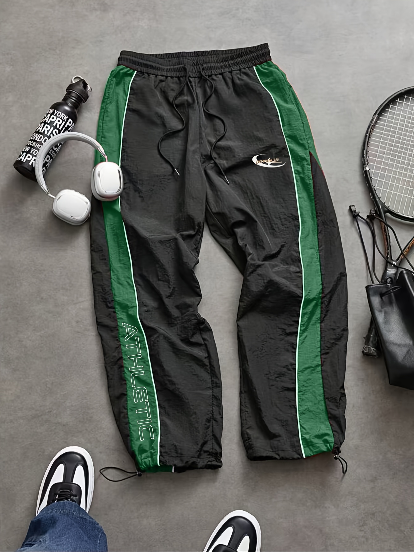 mens teen wide leg trousers loose fit corduroy like stripe pants with elastic waist pocket letter   streetwear no stretch fabric for school casual attire machine washable   spring outfits