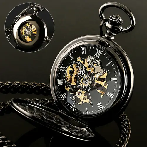 1pc steampunk skeleton mechanical pocket watch for men automatic self winding movement round alloy case hollow detail stopwatch feature funky style with retro chain special occasion gift vintage pocket watch roman display watch accessories