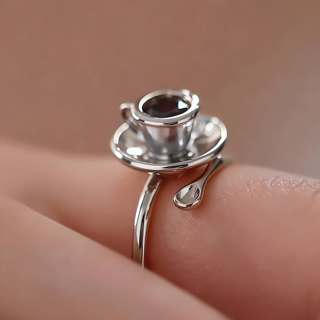 TEMU 1 pièce ; Cuivre ; Taille : Ouverture réglable ; Bague ouverte tasse à café argentée style français vintage de luxe léger avec synthétique pour