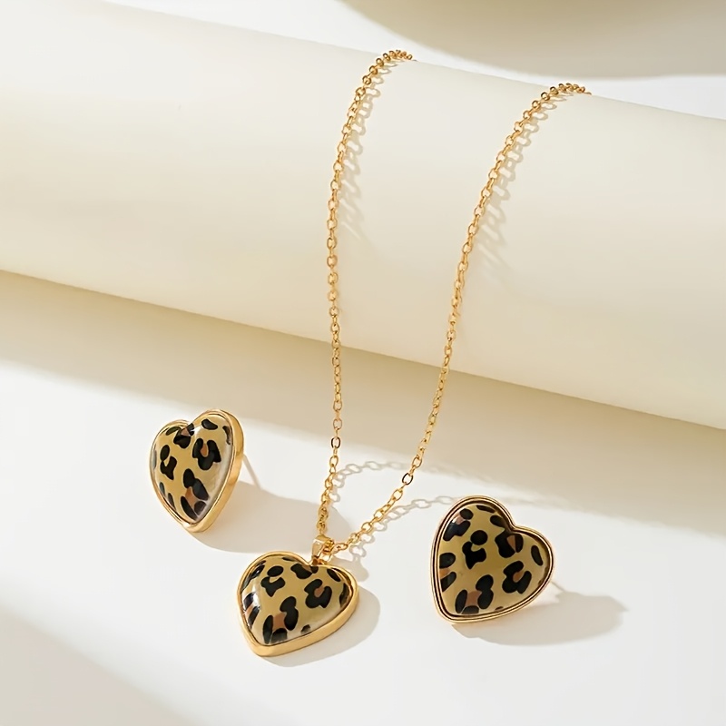 2pc Leopard Print & Heart Vintage Earrings Set for Women
