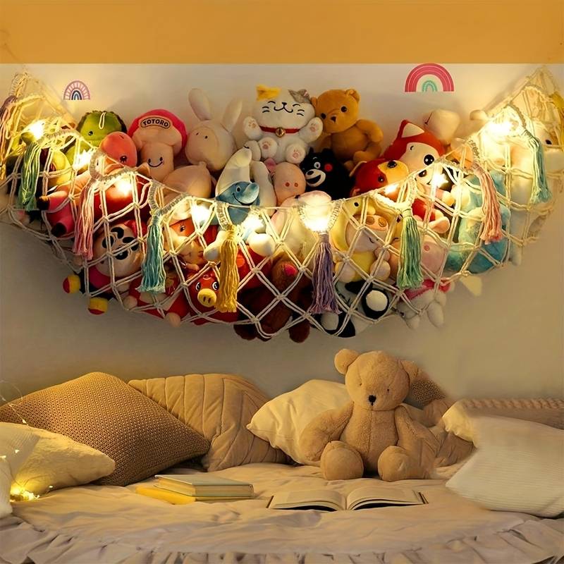 Grand Filet Macramé Avec Lumières LED - Rangement Pour Peluches Ou Hamac Déco