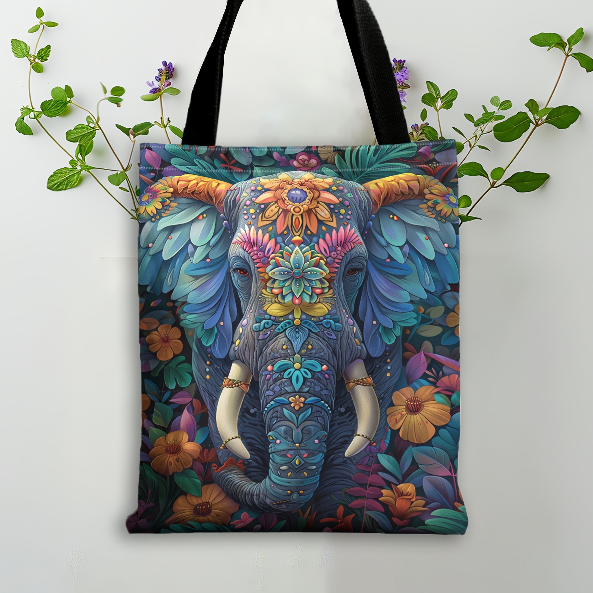 TEMU Chic Elephant & Floral Print Canvas Tote Bag - Large Capacity, Lightweight Shoulder Bag For Women | Shopping & Travel Handbag With Zip Closure | Machine Washable Polyester