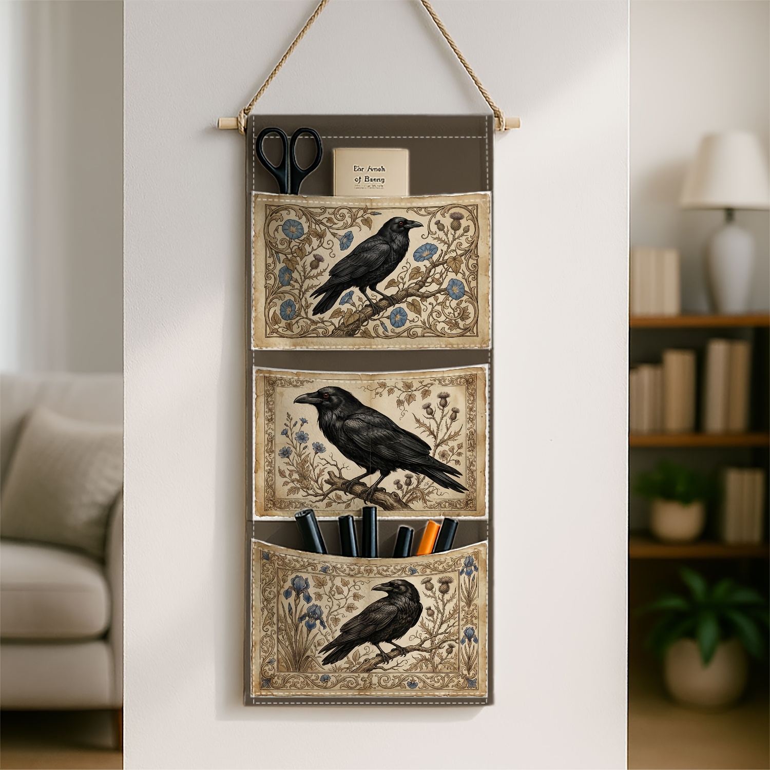 TEMU 1pc Vintage Gothic Botanical Practical Storage Item | Bird Crow , Fabric Hanging Organizer, Suitable For Additions, Tableware, Toiletries,
