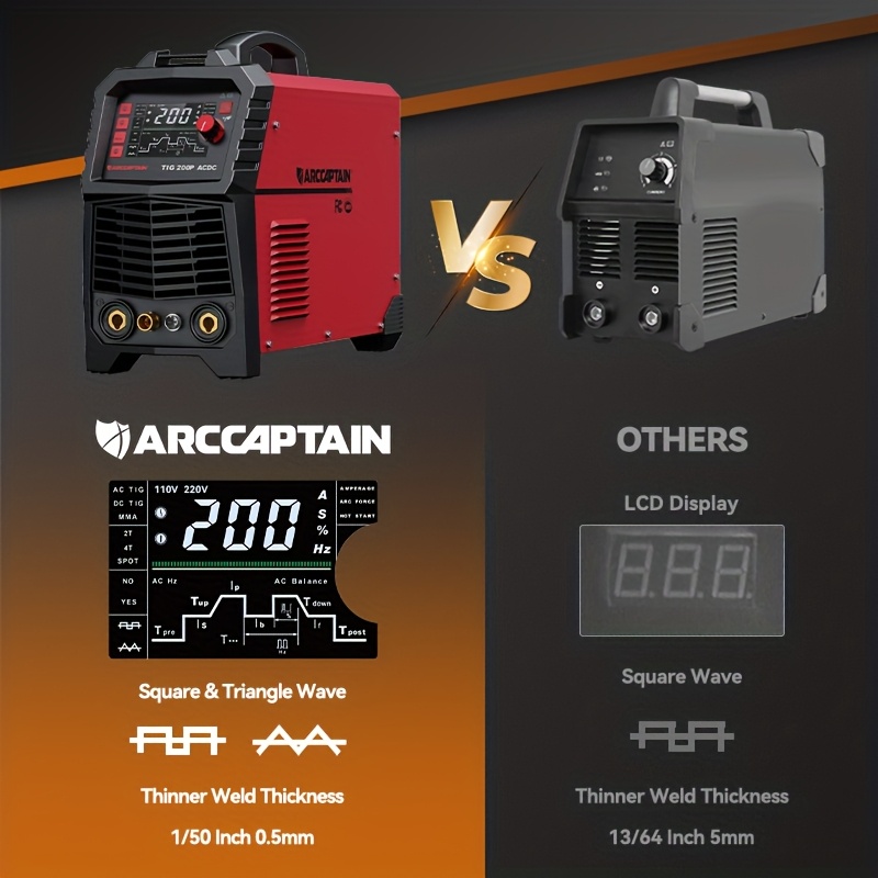 tigacdc welder, 7-in-1 welding machine, tig,     tig, ac tig, ac   tig, ac   tig ( ), ac   tig (triangular wave), stick, and spot tig. voltage input (110v/220v) Product details 0