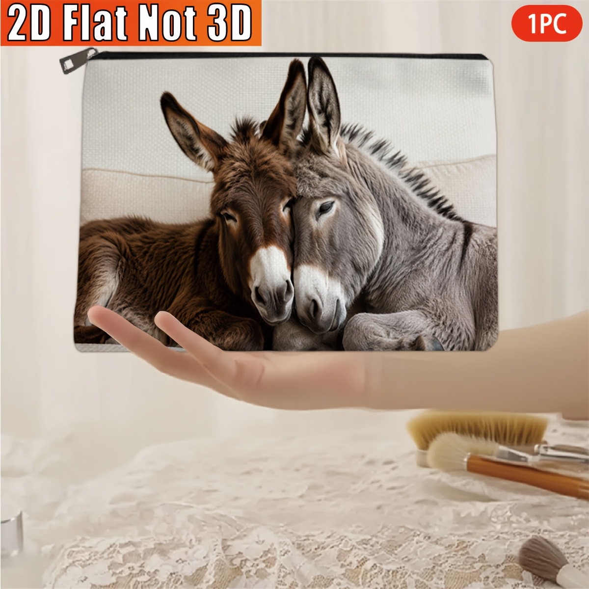 TEMU Plat 2D, 1 pièce, Trousse de maquillage, Ânes se Faisant Câlins, Trousse de maquillage à motif, Finement Cousue, Convient pour les et l' , pour