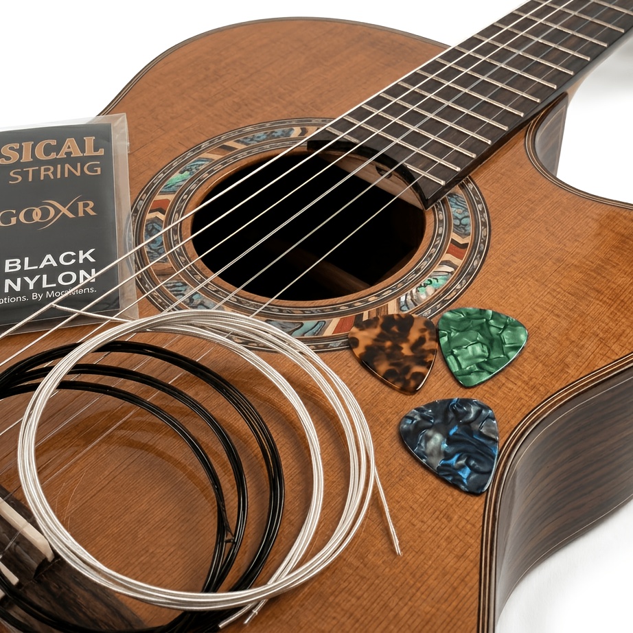 TEMU Upgraded Black Nylon Strings With 3 Random Colors Of Celluloid Picks-classic Guitar Strings By Silver Plated Wound And Black Nylon Core - Normal