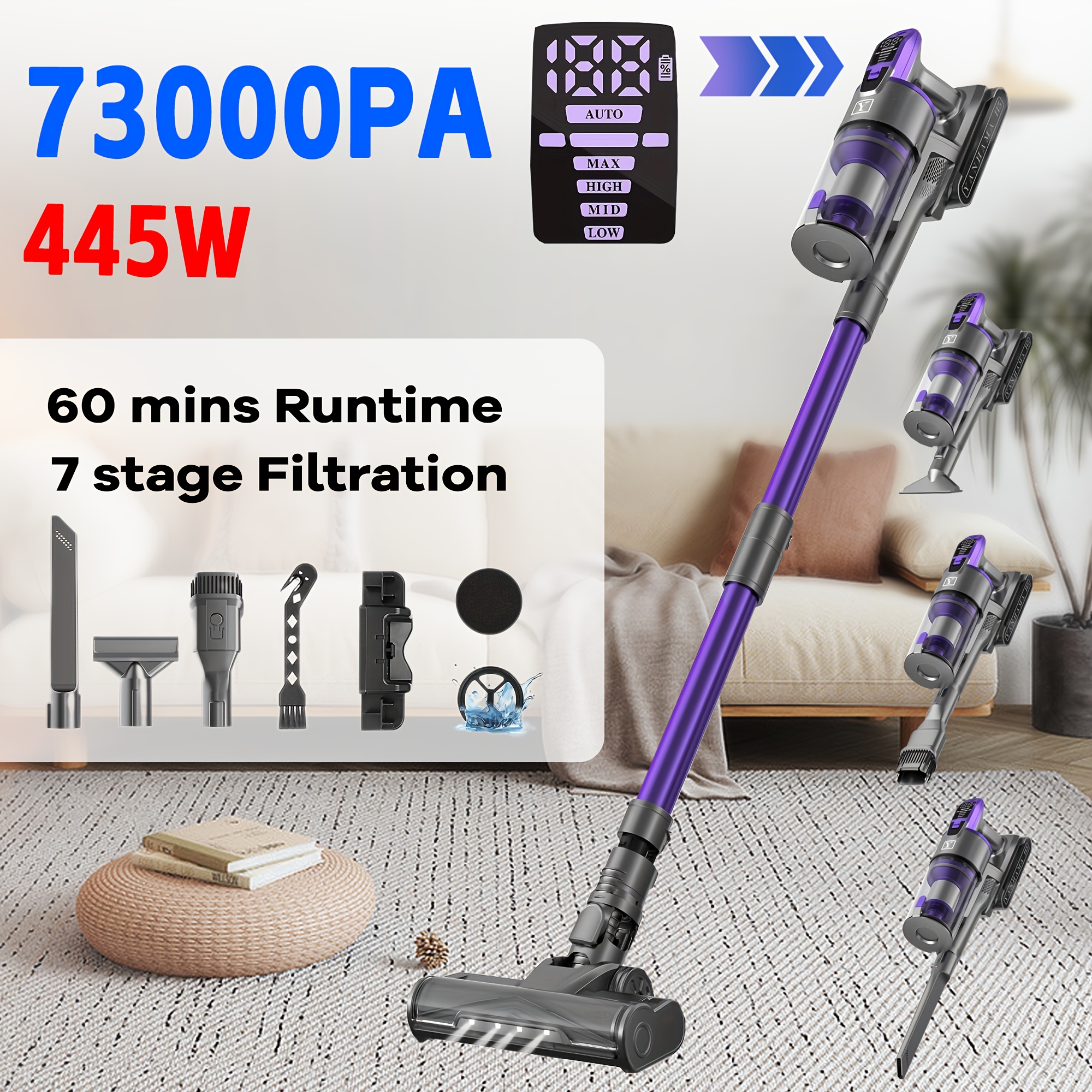 Image of Yanhama Cordless Vacuum 59-73kpa Strong Suction 12-cone Cyclone Filtration Pet Hair Hardwood Cleaning