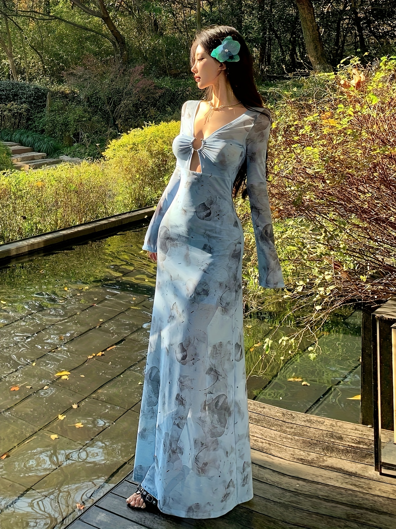 chinese dress ladies Floerns Women's Tie Dye Long Sleeve Maxi Dress Ruched Bodycon Prom Dress  Olive Green Small at Amazon Women's Clothing store