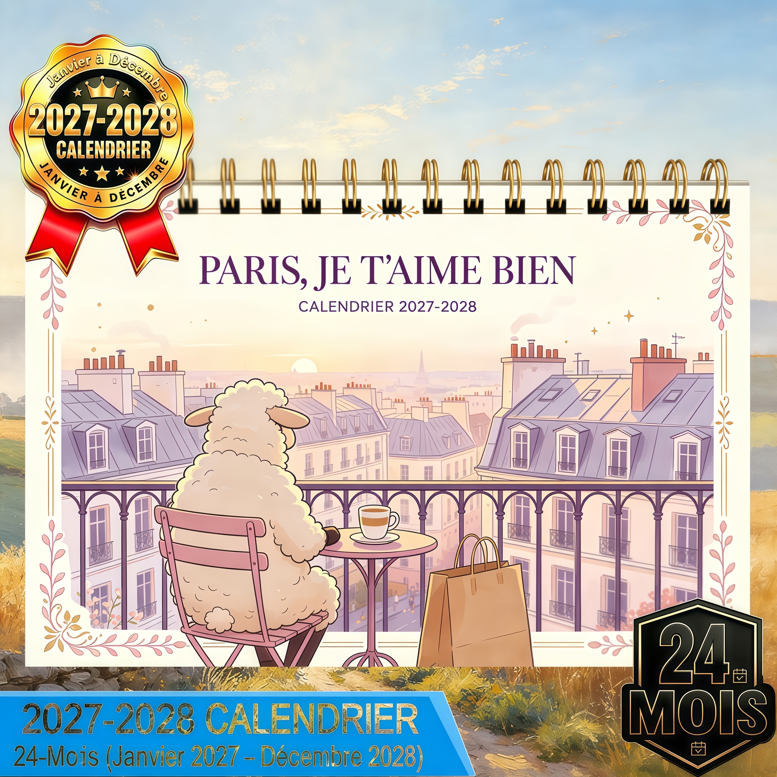 TEMU French Version - 2027-2028 24-month Calendar, A5 Size Paris Rooftop Terrace Theme, Lightweight Scrollable, Large Print Dates, Ideal Gift For New