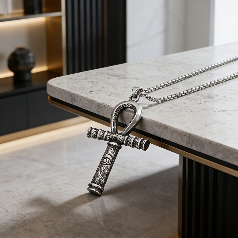 Men's Vintage Egyptian Ankh Cross Necklace, Gothic Style