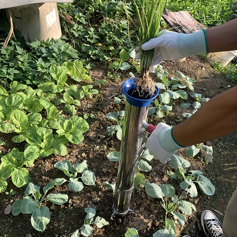 TEMU ステンレス鋼 苗移植ツール 園芸植栽道具 長柄 苗植え器 先端尖り リリースハンドル付き 野菜 花 苗 球根 庭園 農場 植栽用