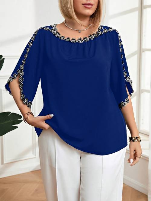 plus size womens floral lace petal sleeve blouse lightweight breathable round neck casual shirt machine washable spring summer solid color top warm weather top feminine style stylish lovers