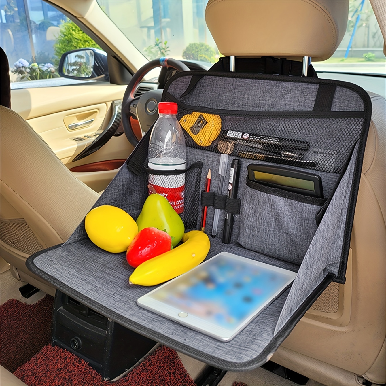 E-shop Autositz-Rückenorganizer - Tiefgraue Oxford-Stoff Faltbare Aufbewahrungstasche mit Mehreren Fächern für Werkzeuge, Snacks, Wasserflaschen &