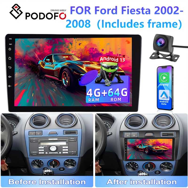 Image of Podofo 4+64g Car Stereo For Ford 2002-2008 (frame Included) Double Din Radio With 9 Inch Touch Screen, Carplay Auto Radio With Gps Navigation//dsp/wireless+ahd Backup Camera