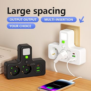 Presa di corrente standard europea, adatta per 110V-250V, 10A/2500W, con 2 prese, 2 porte di ricarica USB/1 Type-C, interruttore indipendente e ciabatta con luce notturna - Perfetta per casa, dormitorio, ufficio e viaggi - Nero/Bianco