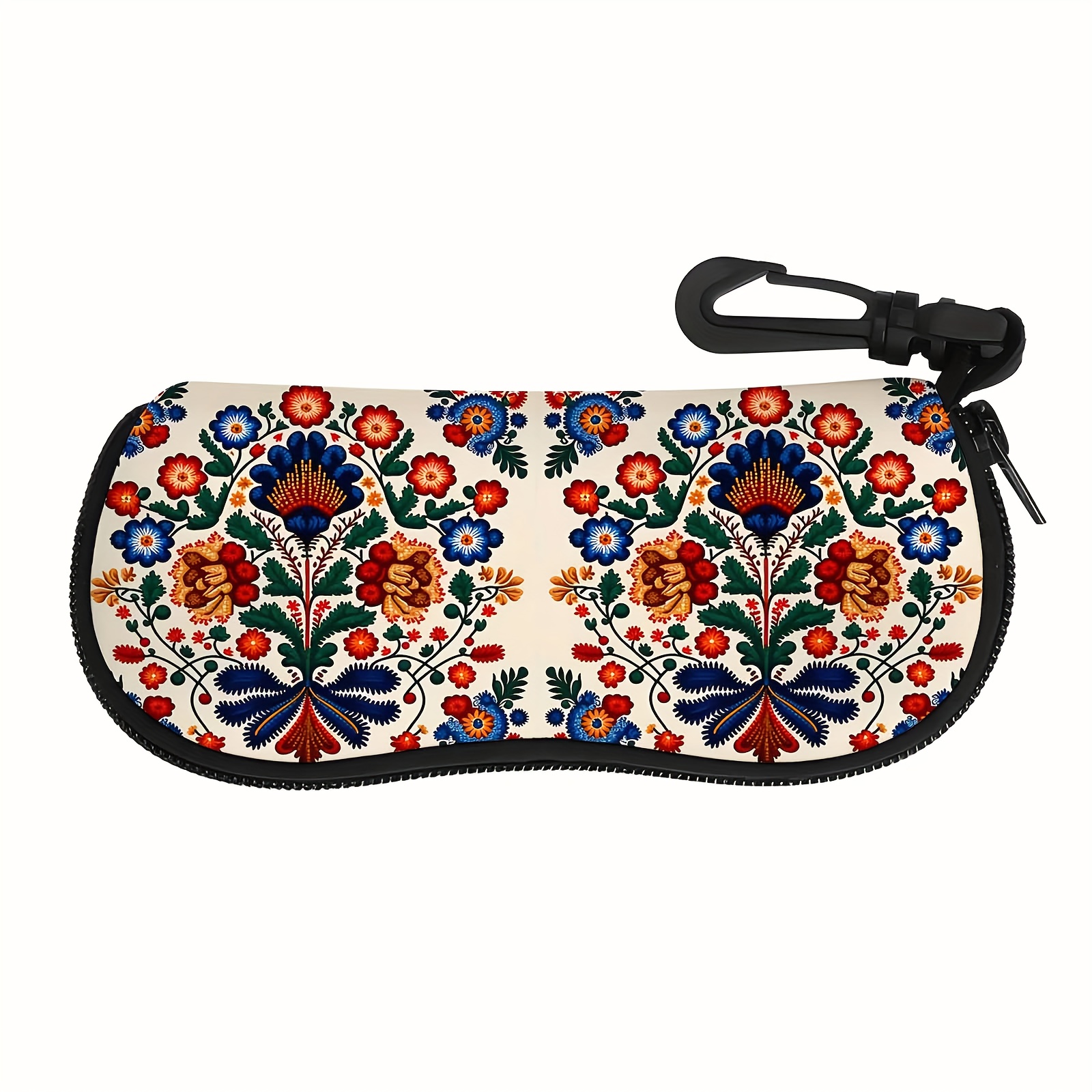 vibrant floral pattern eyeglass case - traditional design with red, blue,   flowers, black zipper & handle, compact protective cover for fashion glasses, ideal gift for  , eyeglass case, honey colored  , blue gray   for women, green  , glasses/eyeglass case,   for eye 0