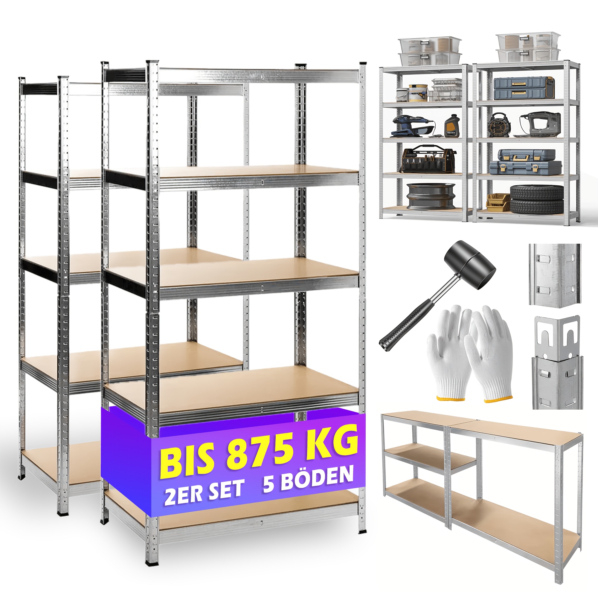 2er Set Heavy-duty Shelves 180x90x40cm, 10 Mdf Panels, Mounting Material 875kg Warehouse Shelfbasement Shelf Storage Practical Shelf, Set Of 2, Utility Shelves