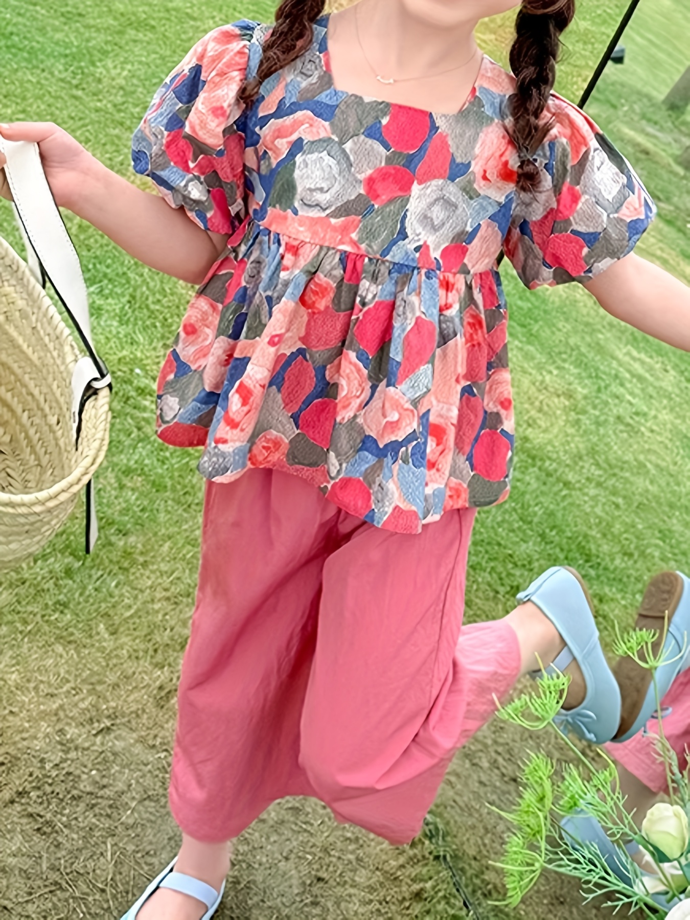 Girls' Summer Outfit Set 2025 New Style Girls' Outdoor Fashion Floral Print 2pcs Short Sleeve Wear Summer Clothes, for Outdoor