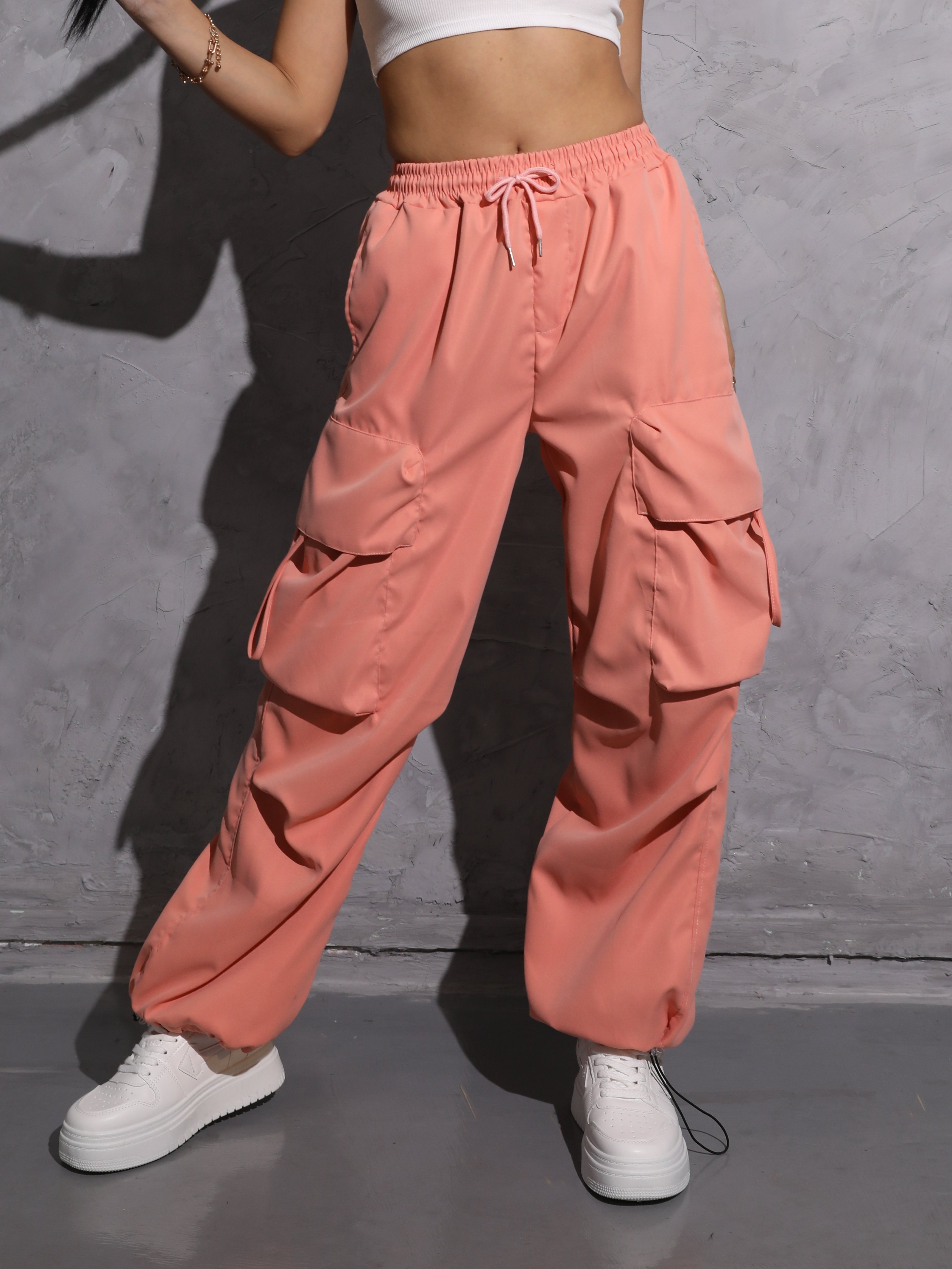 Flap Pockets Drawstring Cargo Pants, Casual Solid Jogger Pants For Spring,  Women's Clothing