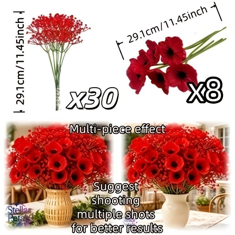 TEMU 38pcs Artificial Spring Decorative Flowers, Exquisite And Gorgeous Poppy Bouquet, And Non-fading, Garden Ambiance Decoration, Wedding Banquet