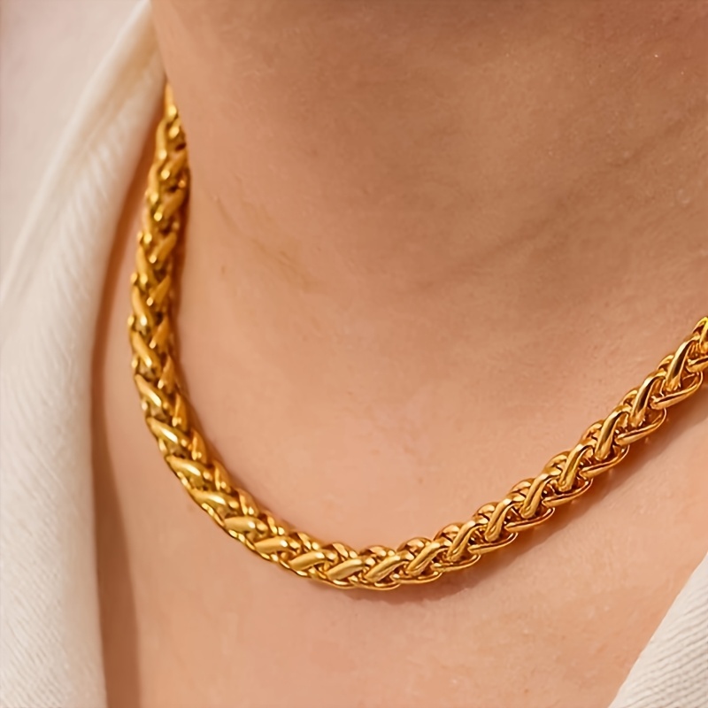 TEMU Collar de Cadena Trenzada de Acero Inoxidable Dorado Estilo Punk Rock para Hombre - Diseño Intrincado y Duradero, Regalo de Navidad para Él,