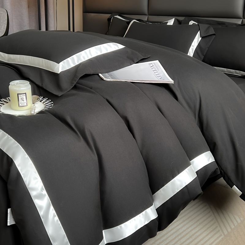 4pcs Elegant Black & White Quilted Bedding Set - Soft Polyester, Machine Washable, Zip Closure, All-Season Comfort, Perfect Gift for Luxury Home Decor, Machine Washable Comfort|Minimalist Aesthetic|Zippered Comforter