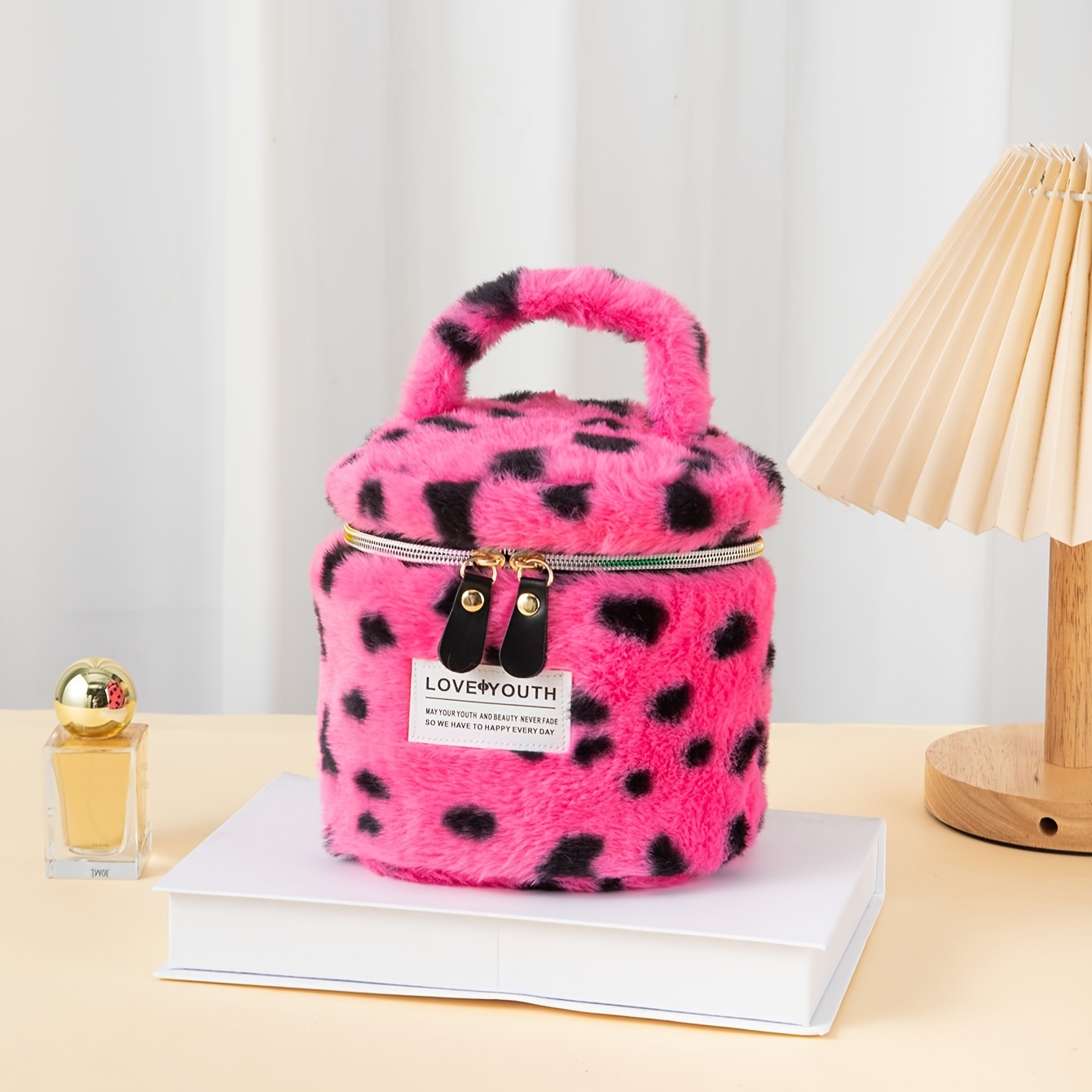 Image of 1pc New Winter Fuzzy Leopard Print Cylinder Tote Makeup Bag Daily Large Capacity Cosmetics Storage Bag Travel Portable Toiletry Bag