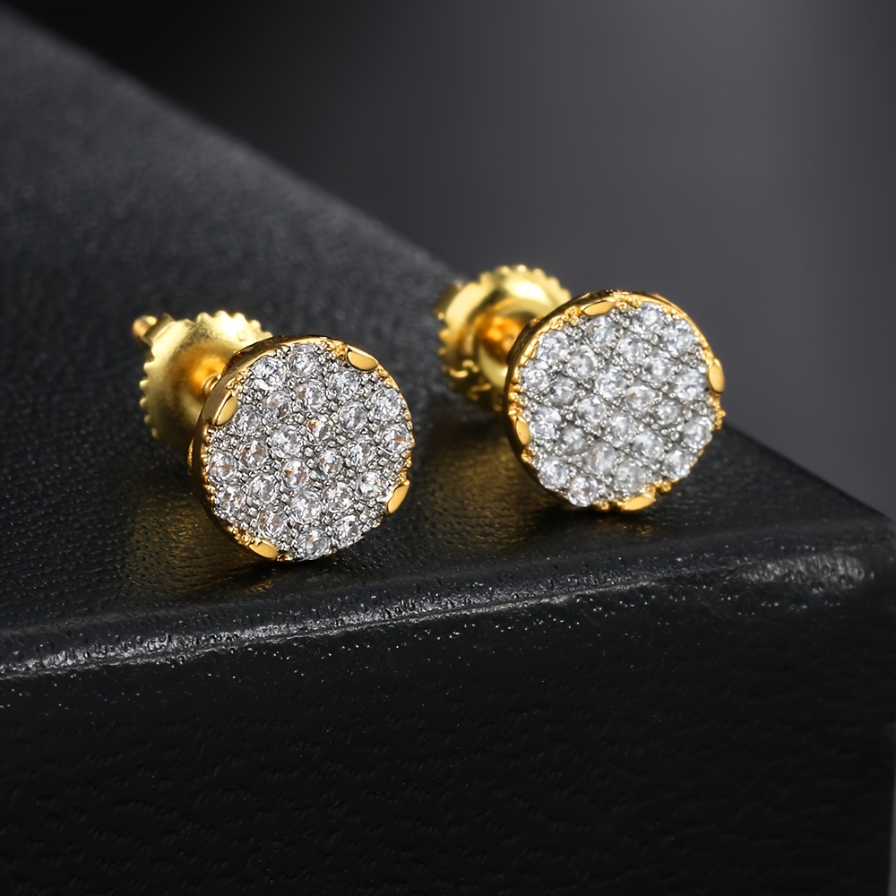 

1 Pair Hip Hop Round Trend Explosive Threaded Earrings Copper + Zircon + Golden Plated Gift Men's And Women's Party Dance Accessories