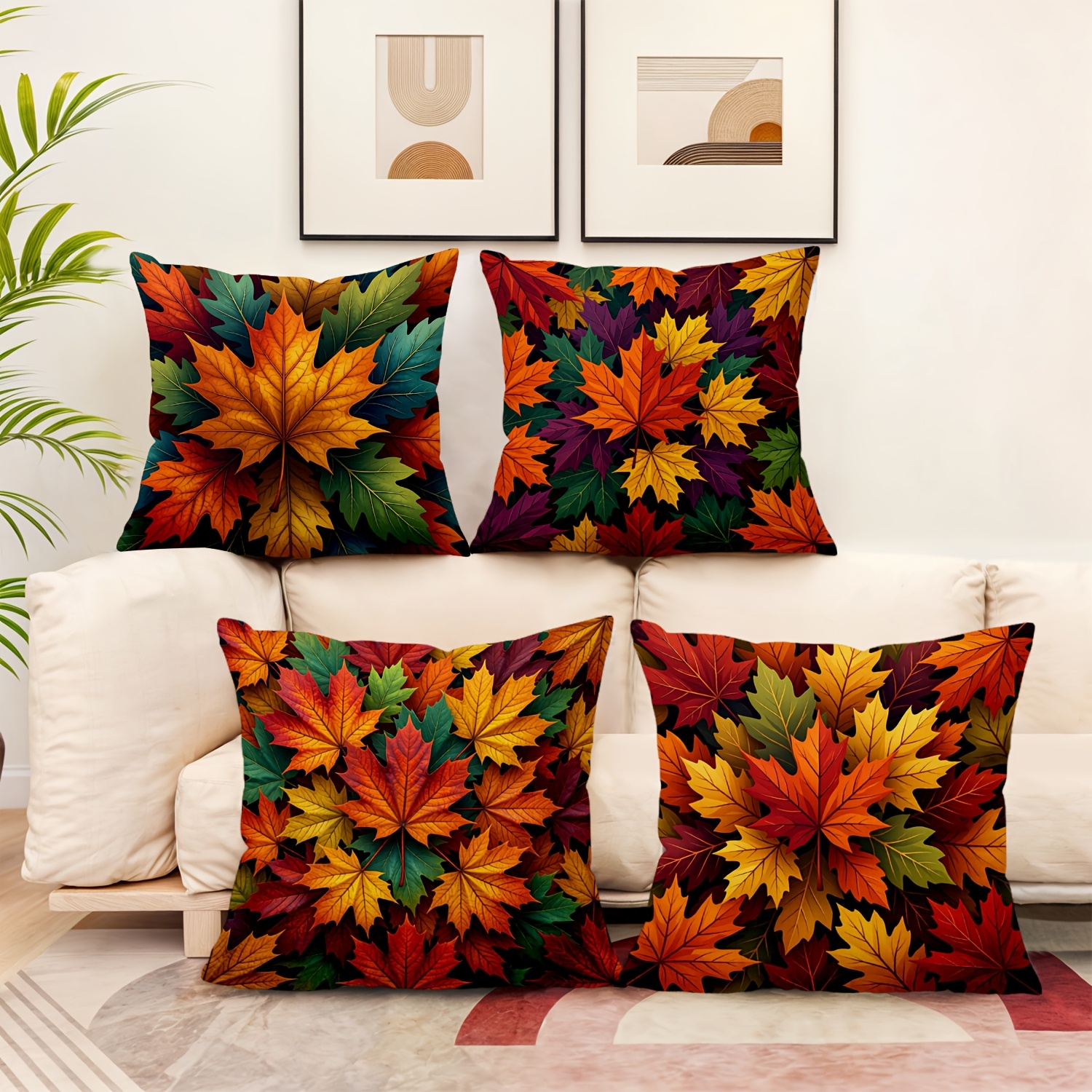 TEMU 4pcs Modern Autumn & Botanical Print Pillow Covers - Double-sided Zippered Cushion Covers Suitable For Sofa Room Bedroom, Machine Washable