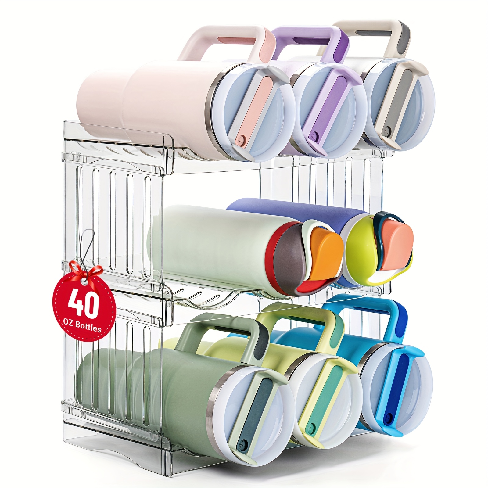 TEMU Water Bottle Organizer For 40oz, Kitchen Pantry Organizers And Storage For Cup Accessories, Stackable Water Bottle Holder, Plastic Fridge Racks